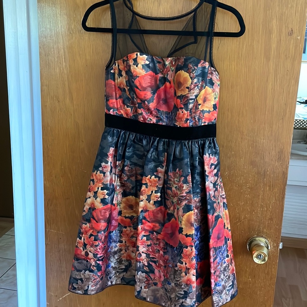 Adrianna Papell Womens Floral Jacquard Mesh Sleeve Mini Dress Orange Black SZ4